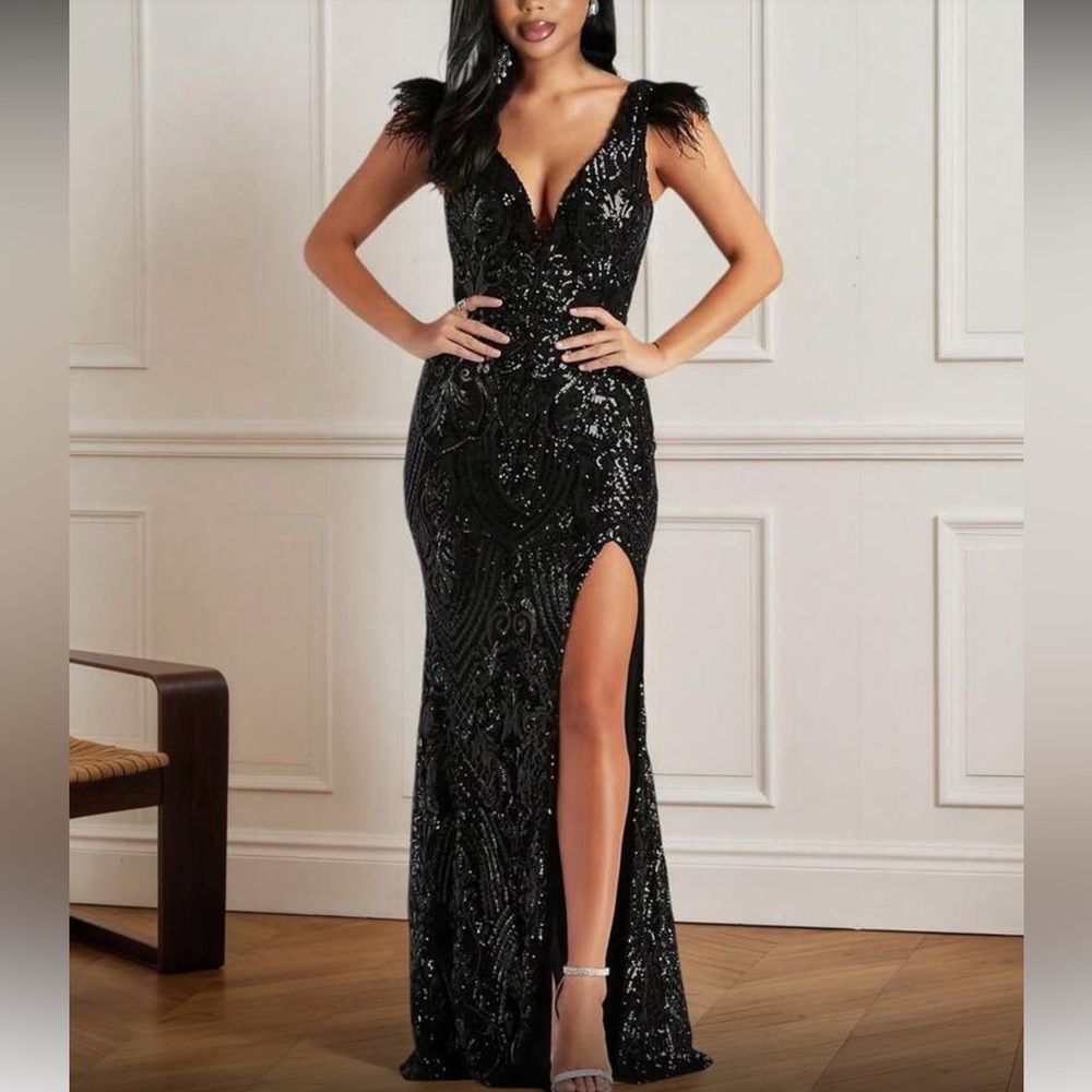 Luxurious sequins feather sleeves evening party formal gown dress - Picture 2 of 4